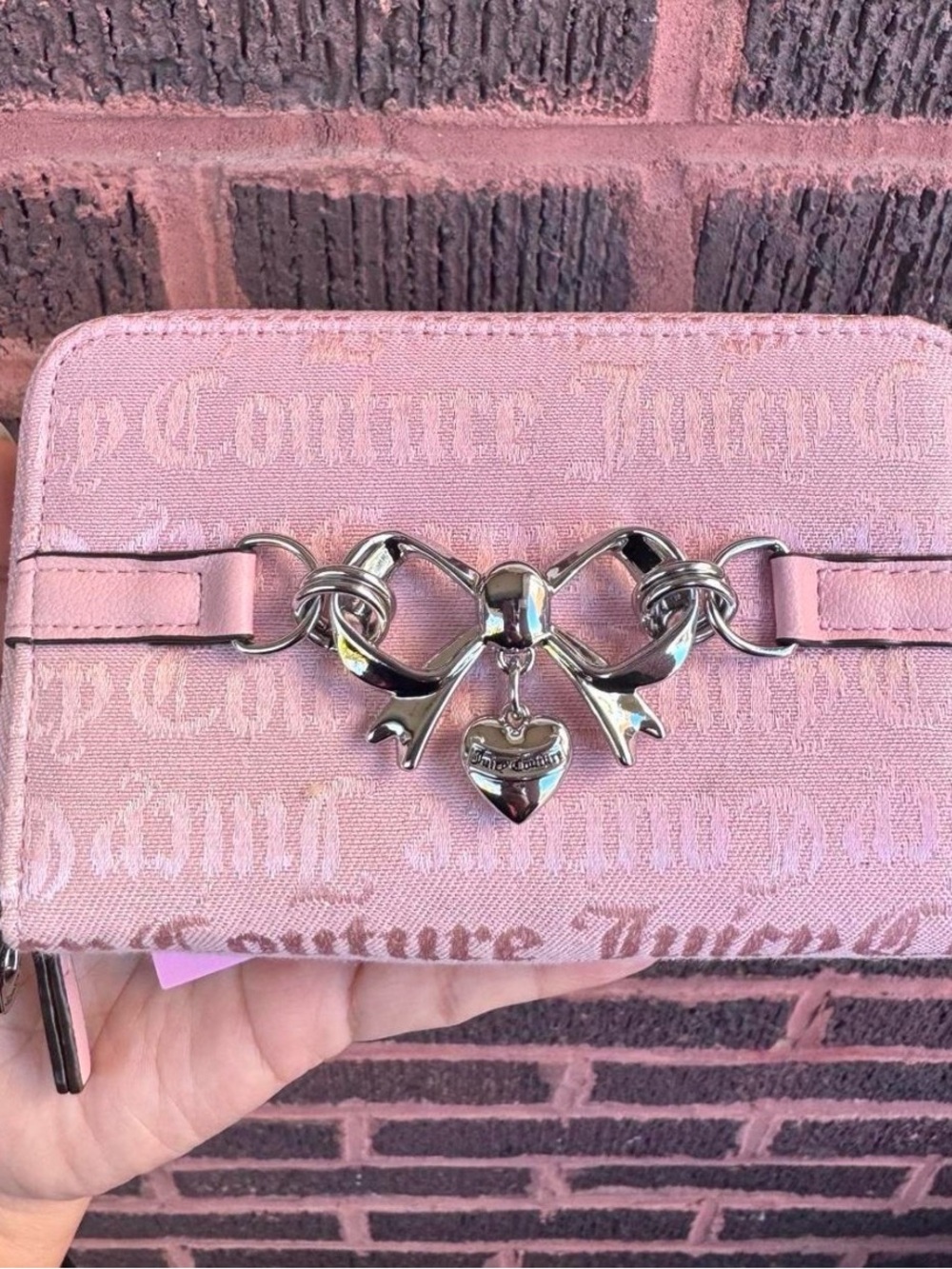 Juicy Couture Light Pink Bow Heart Zip Wallet with Silver Hardware